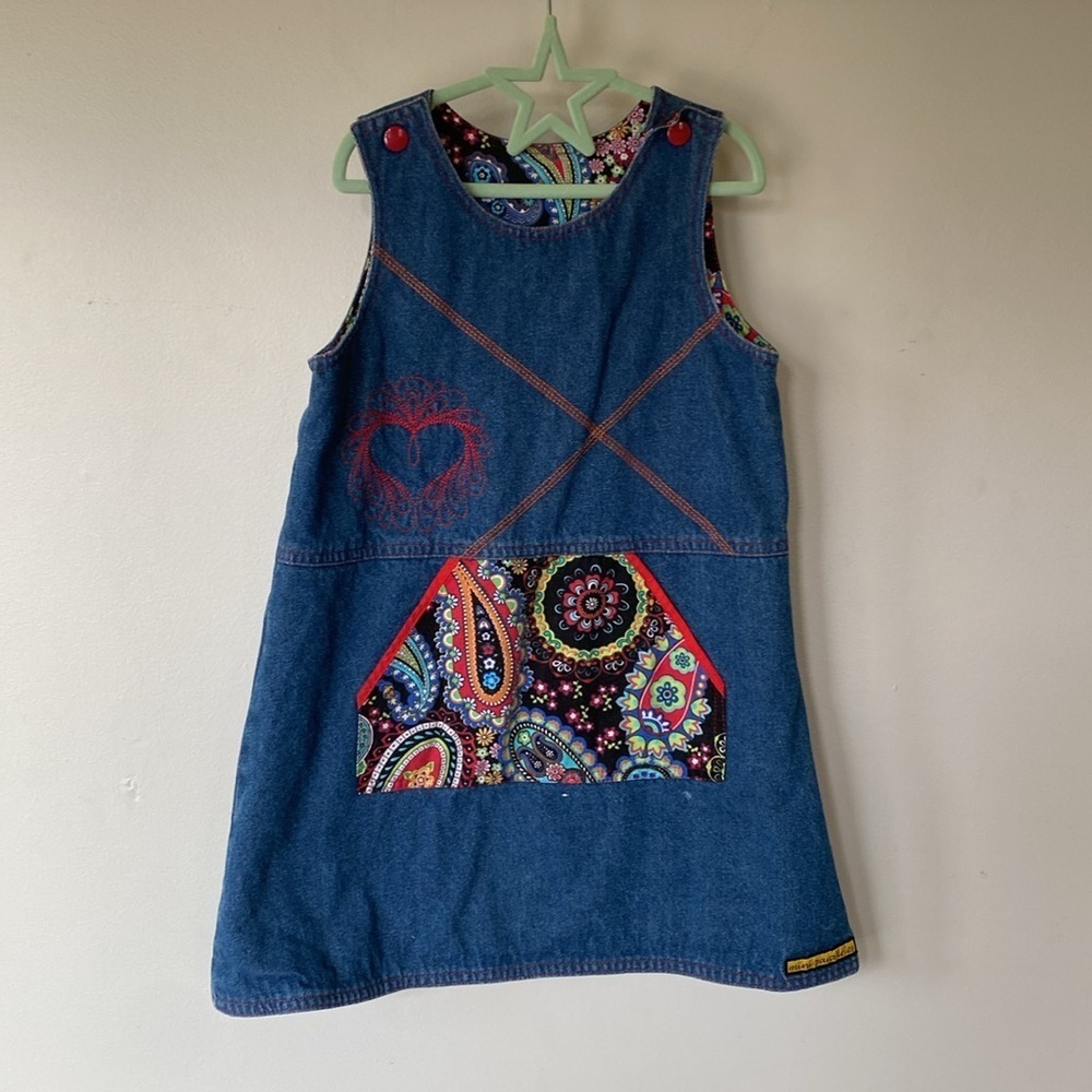 Vintage Reversible Paisley & Denim Smock Dress | 100% Cotton | Girls Size 6